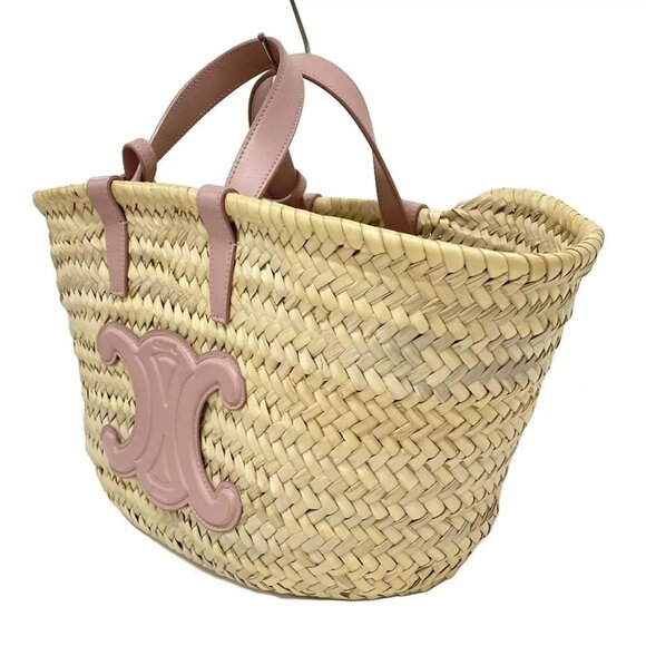 Auth CELINE Teen Triomphe Pannier - Beige Pink Beige Raffia Calf Skin Tote Bag - Picture 14 of 16